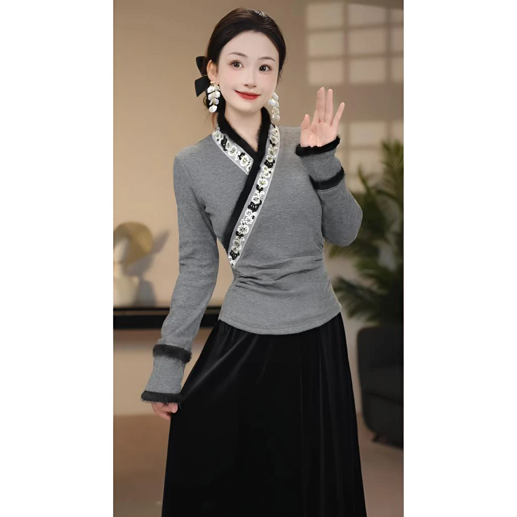 【上衣】冬季新款民族风小众气质高级毛毛领拼接长袖加绒套装-80143