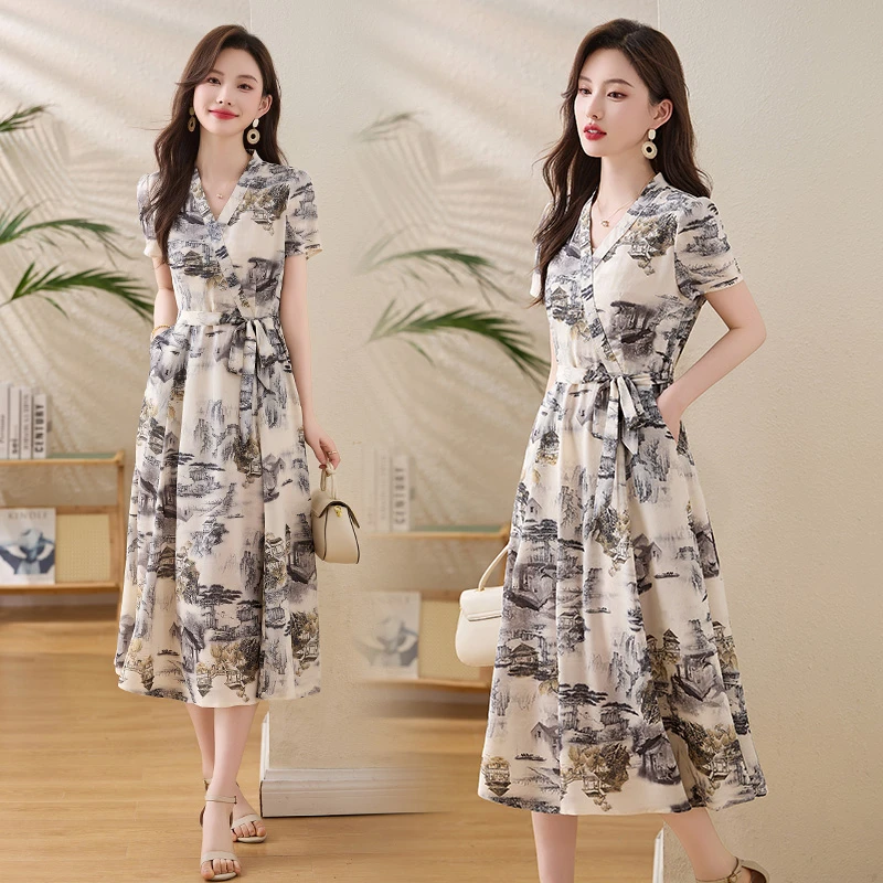 常规袖山水画夏季V领系带连衣裙时尚韩版收腰中性风碎花显瘦气质