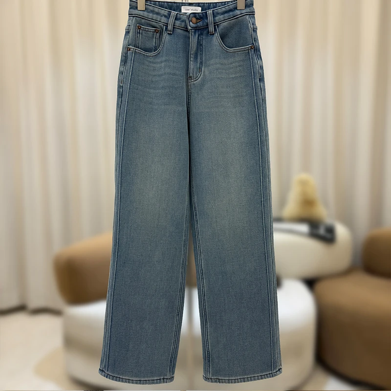 zaw大码加厚加绒窄版直筒牛仔裤女秋冬显瘦腿粗胯宽胖mm裤子25528