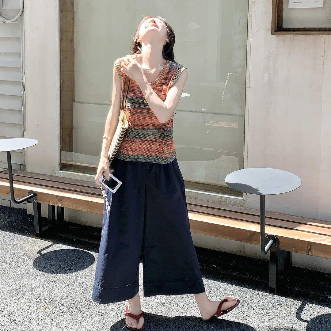 条纹背心阔腿裤两件套2025夏新款老钱风女装韩系时尚洋气减龄套装