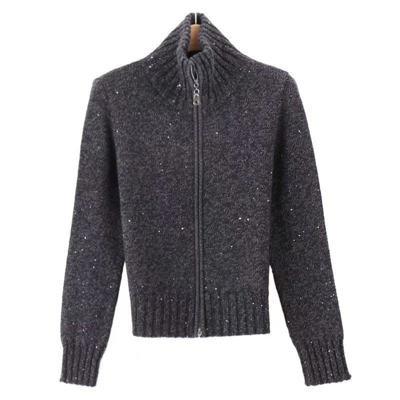 上7亮片针织双拉链开衫时尚短款百搭休闲高领开衫