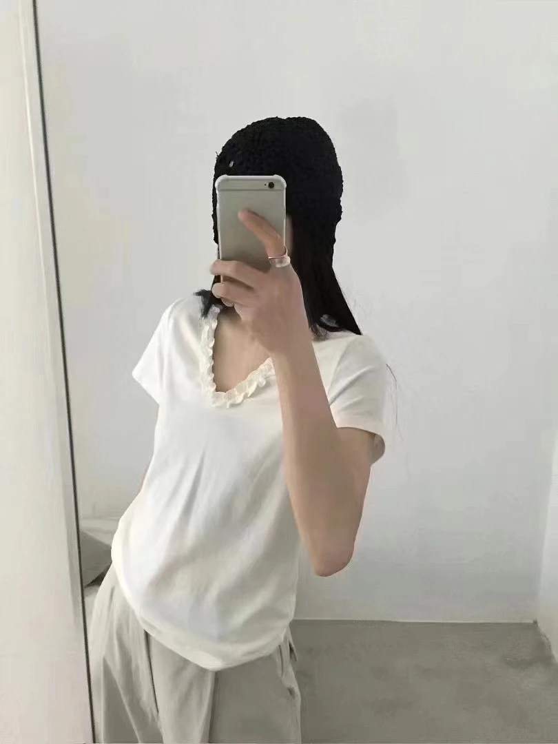 韩系白色花边u领短袖正肩t恤女夏季小个子修身显瘦短款锁骨上衣薄