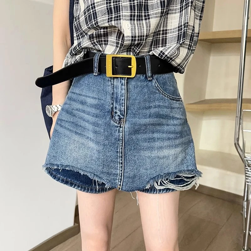 破洞设计感毛边A字牛仔短裤女2025夏季新款复古水洗百搭阔腿裙裤