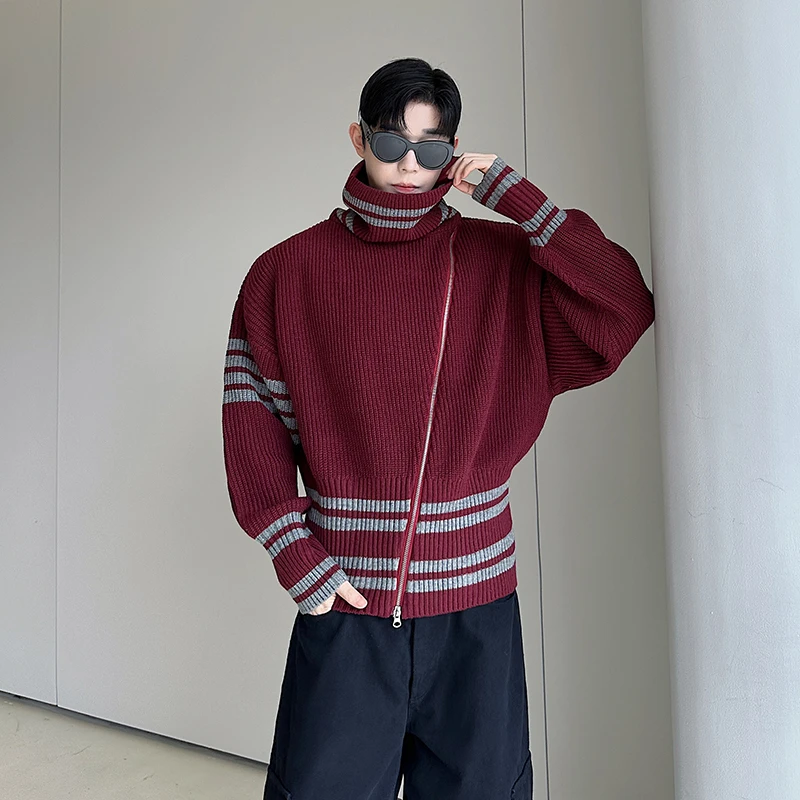 秋冬小众斜襟拉链设计感高领撞色针织衫套头毛衣收腰短款休闲上衣