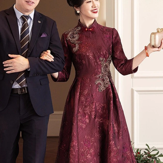 高贵妈妈婚宴礼服2025秋冬新款年轻气质喜婆婆装旗袍长袖连衣裙女