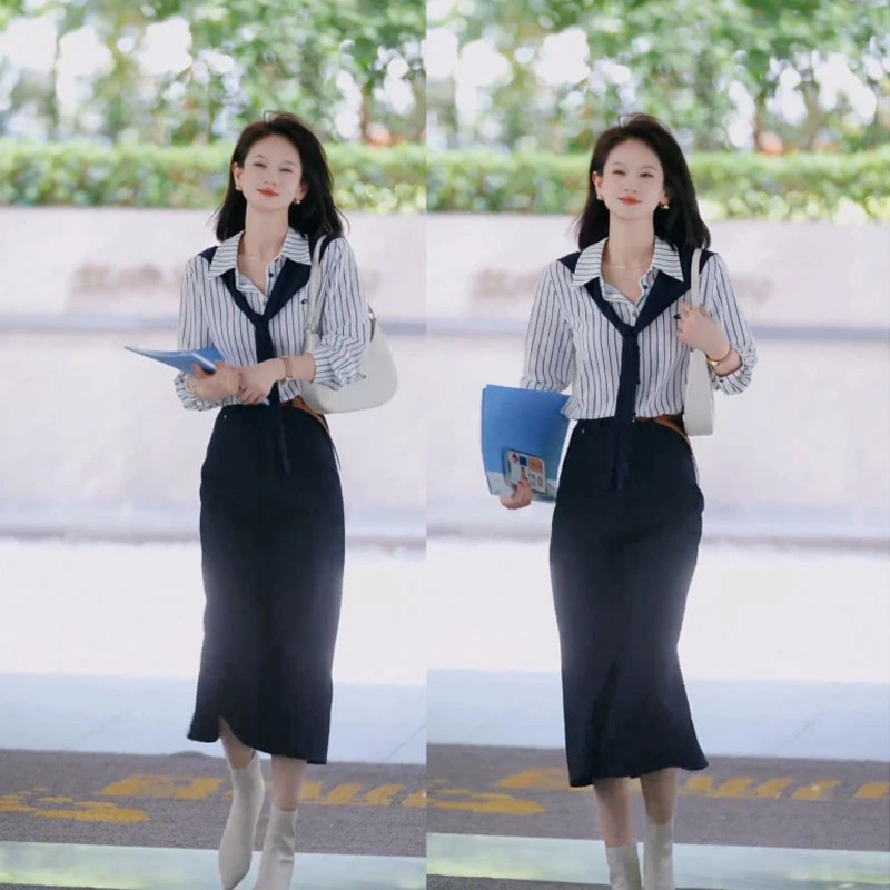 2025秋季新款设计感时尚套装百搭条纹长袖衬衫女休闲半身裙两件套