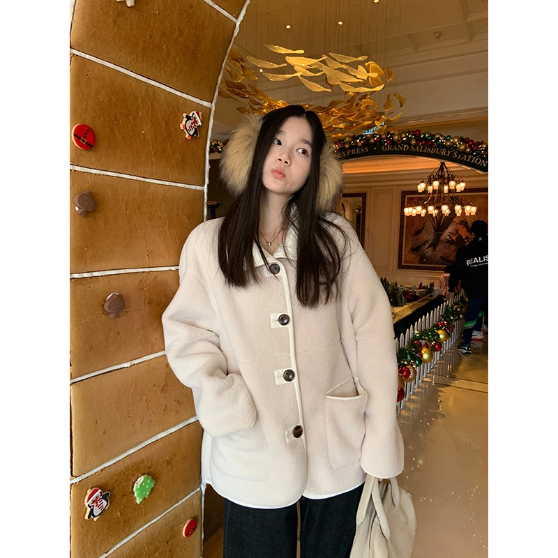 王少女的店【清清】米杏色毛绒外套秋冬季宽松百搭上衣W29287S44