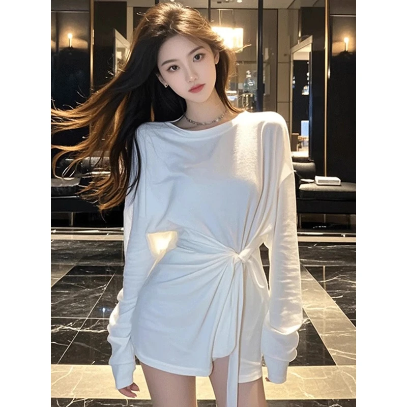 白色不规则绑带长袖t恤女2025新款秋冬超好看打底衫时尚百搭上衣