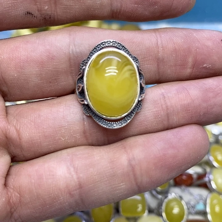 蜜蜡裸石银S925镶嵌戒指