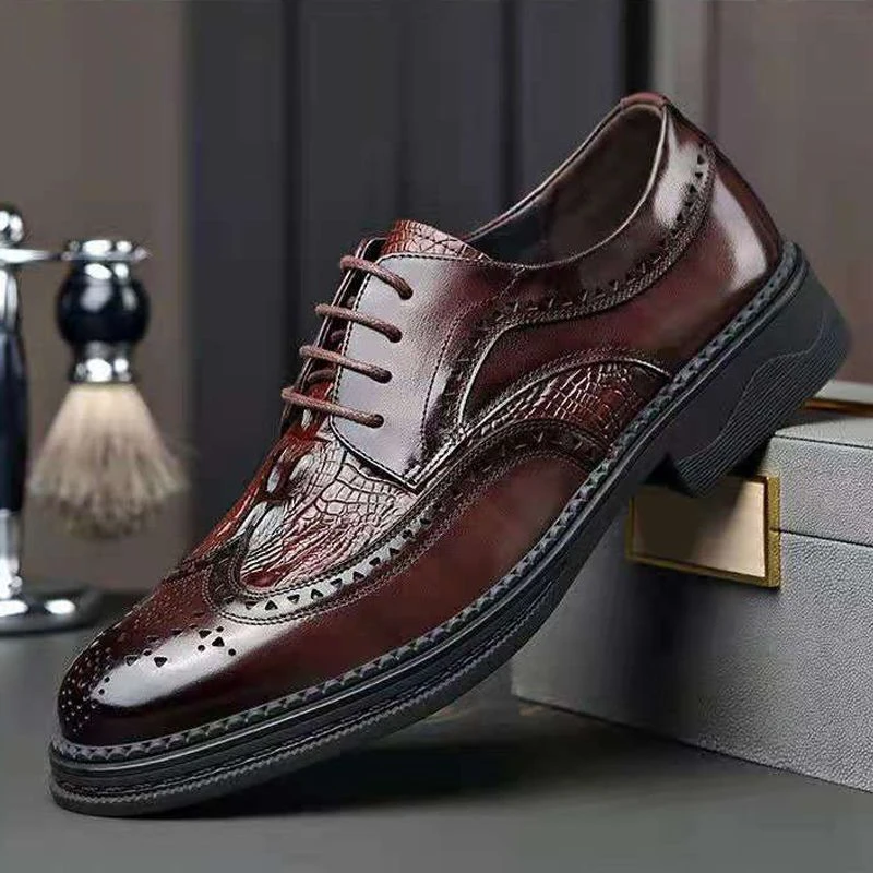商务正装鞋男休闲雕花牛皮面低帮系带春夏秋季透气布洛克鞋