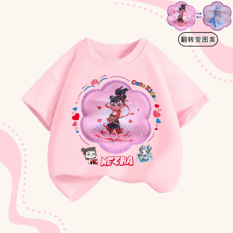 哪吒儿童服装夏装女童亮片变色敖闰短袖t恤纯棉夏季敖丙姑姑半袖