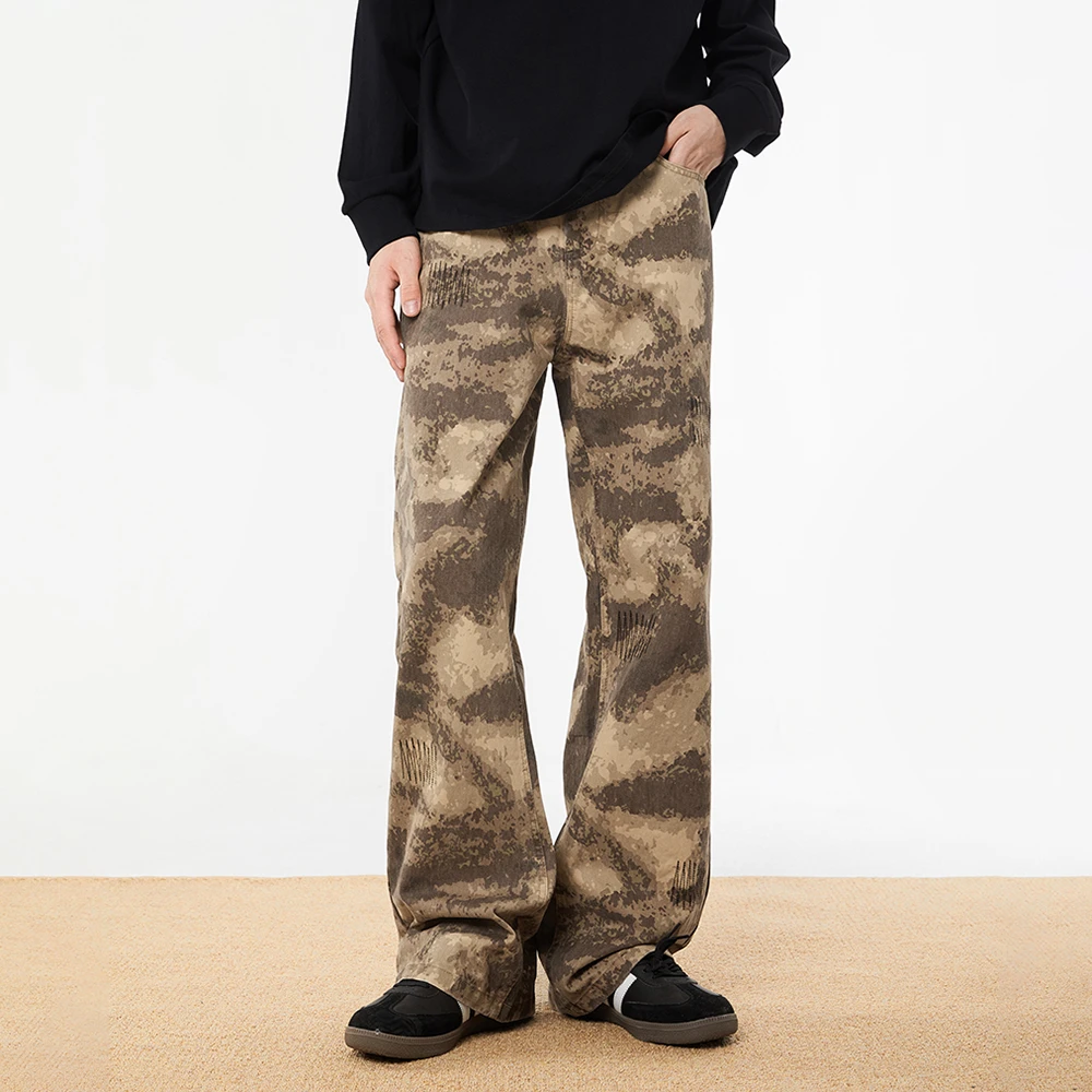 URSGGON美式复古水洗做旧宽松微喇叭休闲裤迷彩落日余晖男生