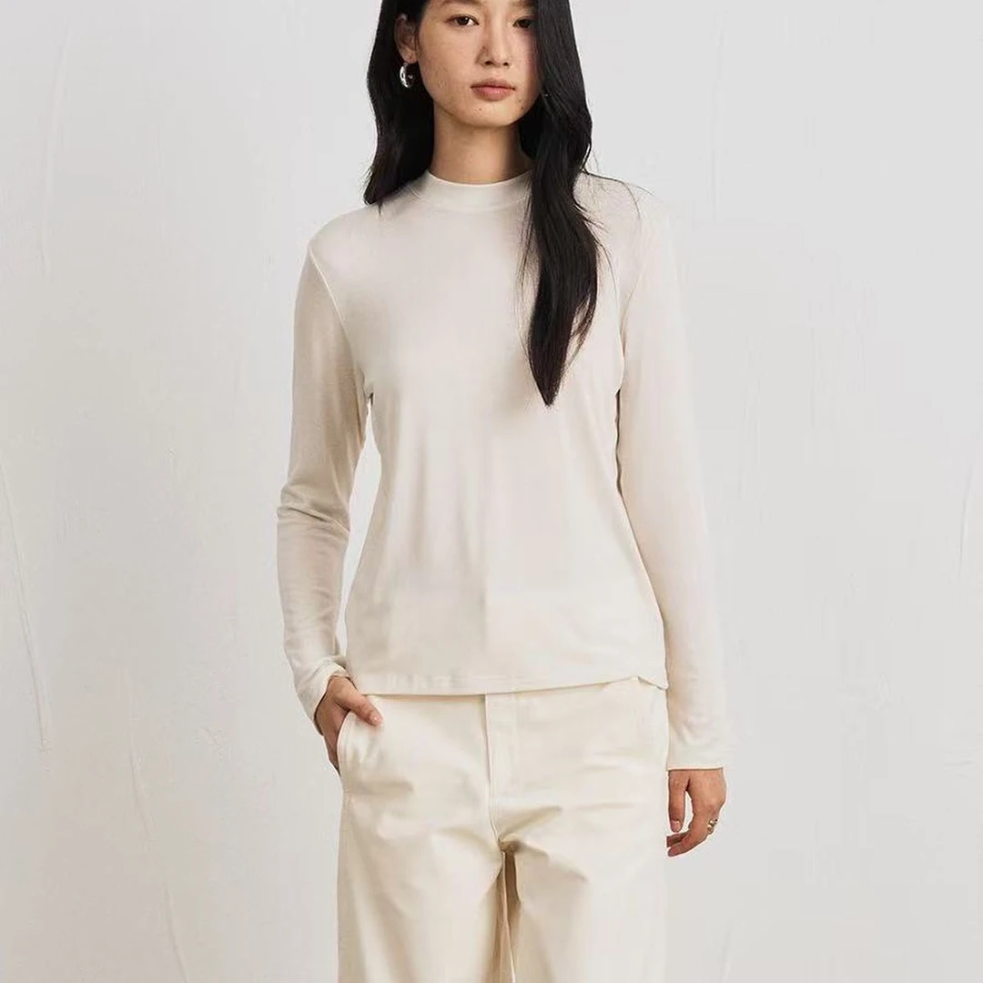 小雅姐姐 简约纯色内搭叠穿立领长袖打底T恤衫KD04