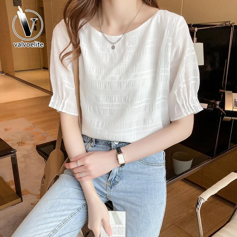 VALVOELITE雪纺衫恤女夏季新款时尚甜美洋气小衫宽松显瘦短袖上衣