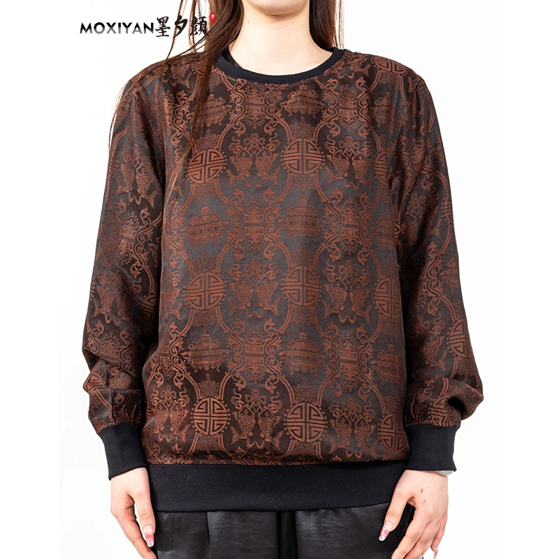 【墨夕颜】2025早春新款桑蚕丝香云纱男士 福寿双鱼圆领卫衣-MH-659