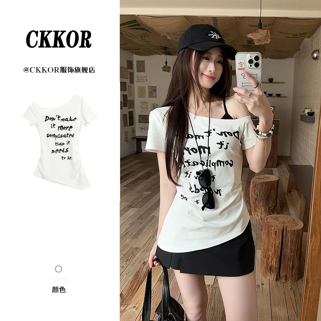 CKKOR韩版时尚露肩t恤女短袖夏季新款高级感穿搭辣妹修身显瘦上衣