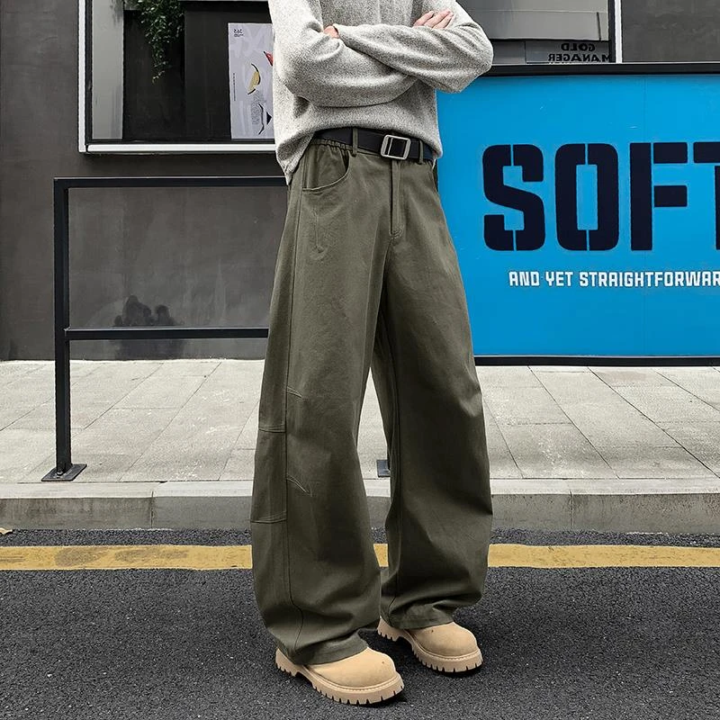 美式阔腿弯刀休闲裤男水洗复古cleanfit简约垂感男女廓形工装长裤