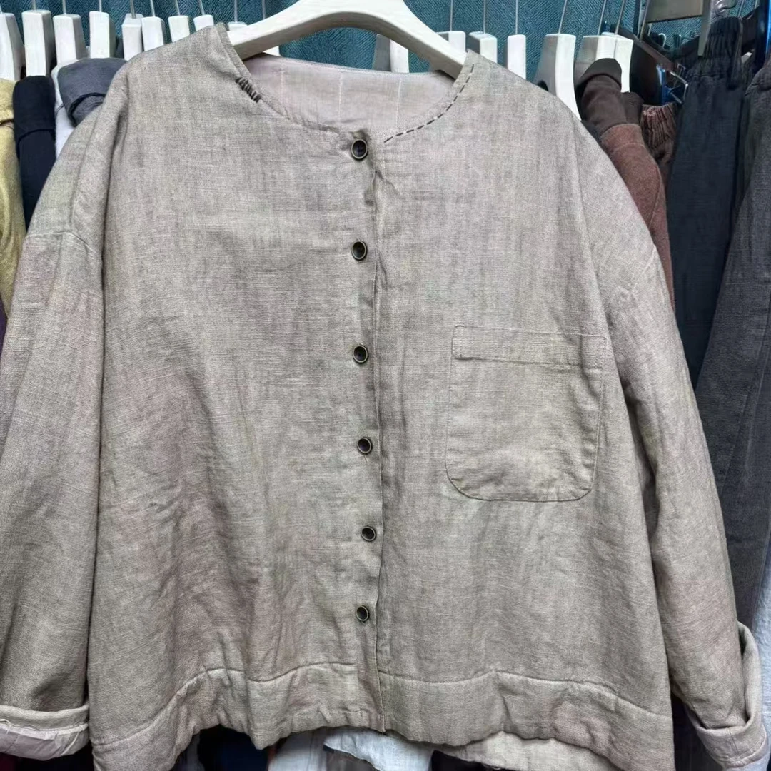 秋季新品 手工线双层苎麻复古圆领长63胸围156尺码表