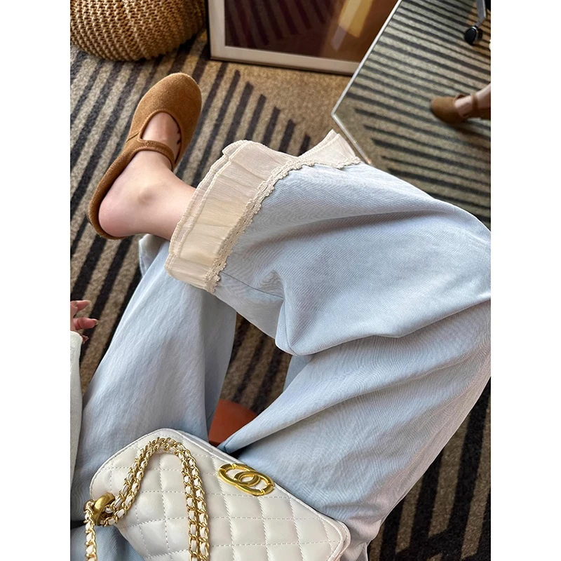 大码花边高腰直筒阔腿裤女夏薄款梨形身材宽松显瘦九分奶芙休闲裤