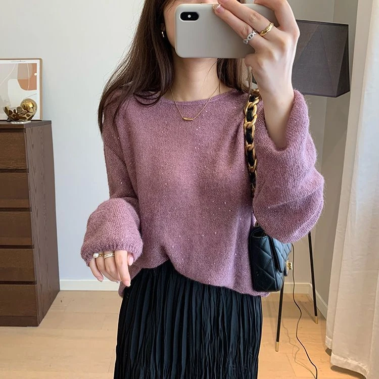 超仙马海毛混纺圆领秋季新款针织衫宽松高级纯色慵懒毛衣打底上衣