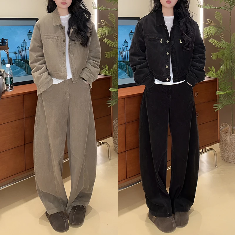 慵懒风炸街网红款长袖单排扣外套秋冬季潮流工装风休闲长裤两件套