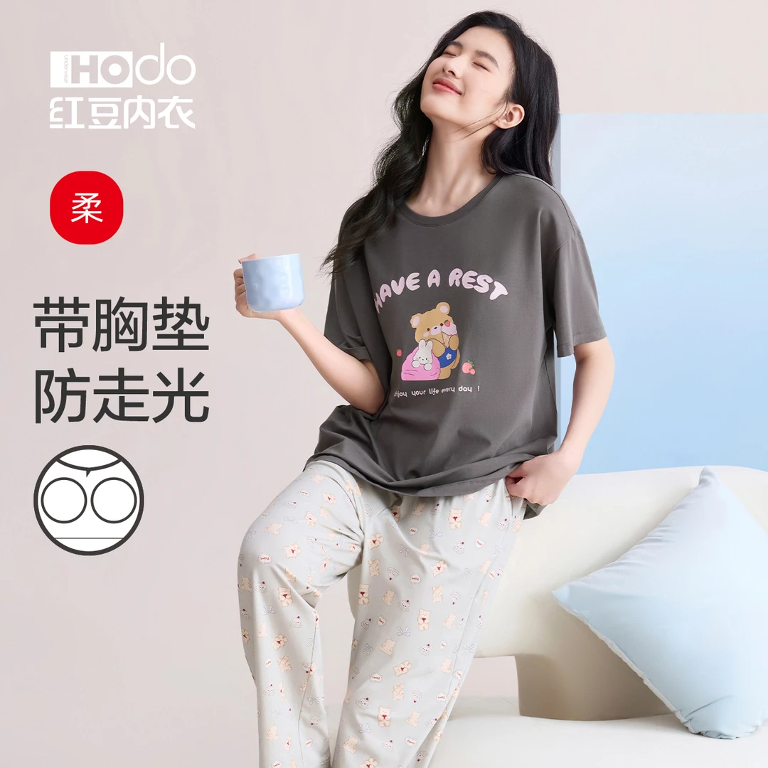 红豆短袖女睡衣家居服套装宽松睡裤女士大码居家薄款休闲舒适夏天