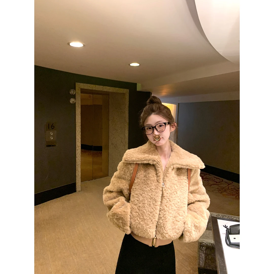 中古少女 翻领韩版拉链保暖毛毛小香风女螺纹下摆短外套