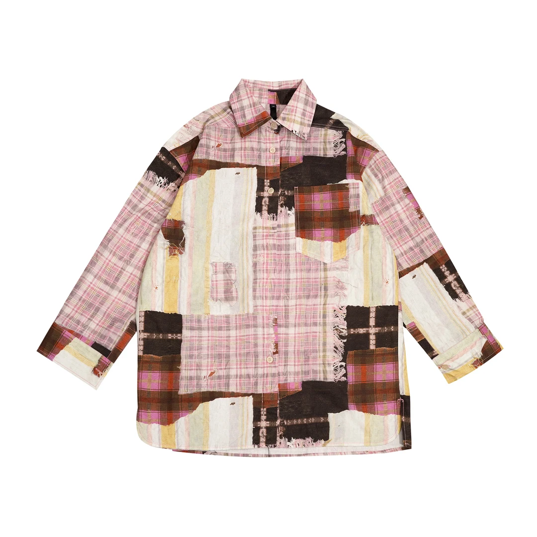 GG潮牌 轻奢小众高级感女装秋季新款满印拼接休闲宽松衬衫151192