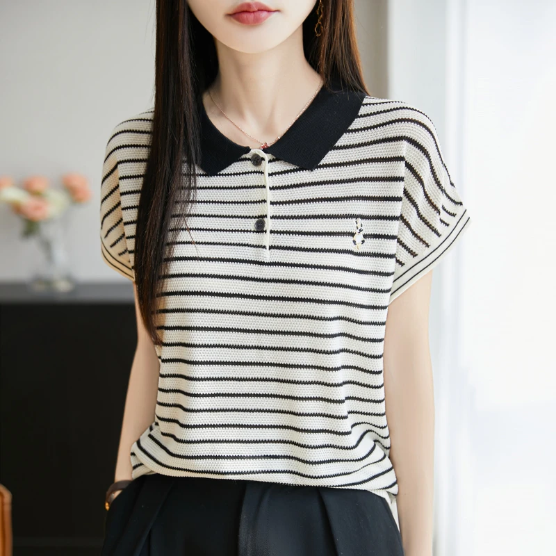 哥弟阿玛施正品桑蚕丝短袖T恤女翻领夏季条纹百搭POLO衫上衣薄款