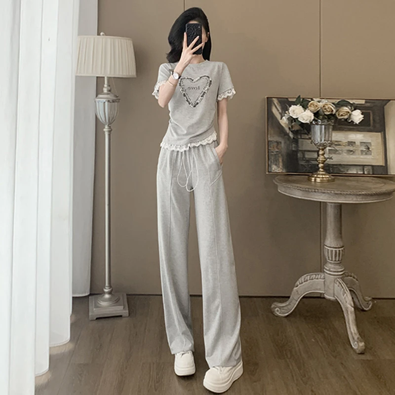 韩版时尚休闲运动套装女夏季新款钉珠蕾丝花边上衣高腰阔腿裤套装