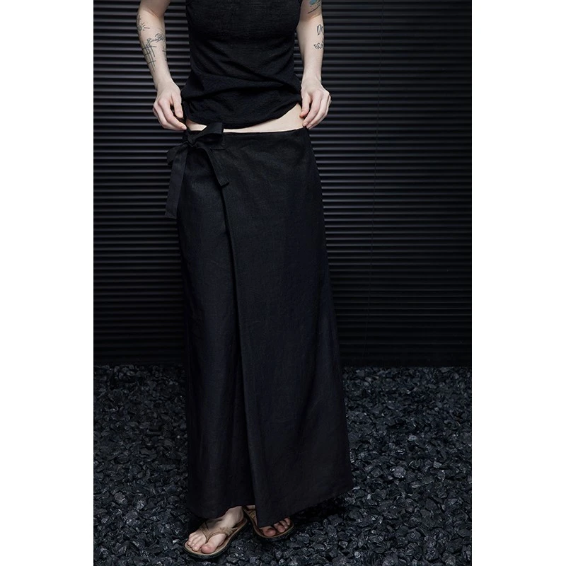 moment黑色中长款亚麻半裙女2025春夏季新款不规则设计感小众高级