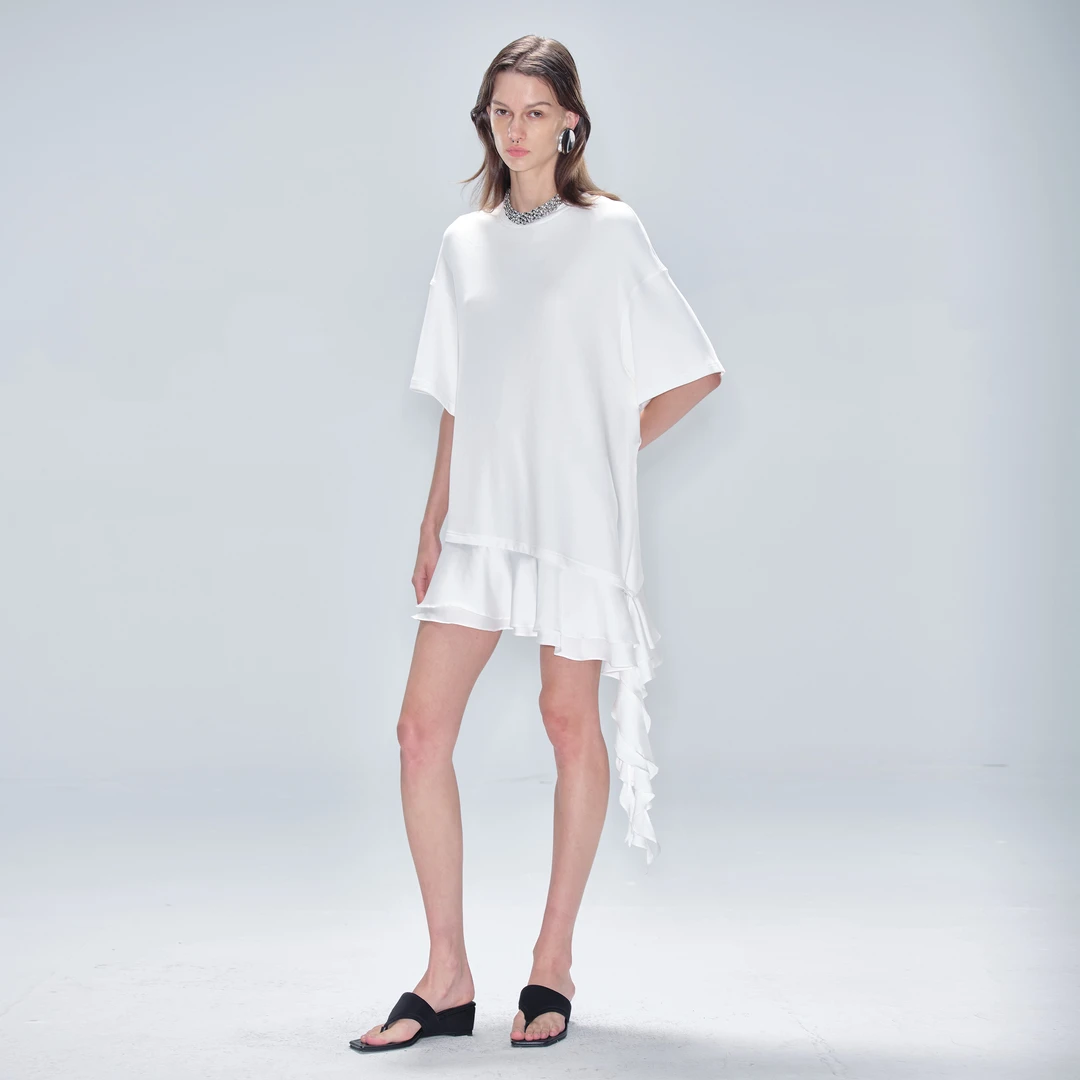 MODULER新款 原创花边拼接不对称宽松感T恤 白色