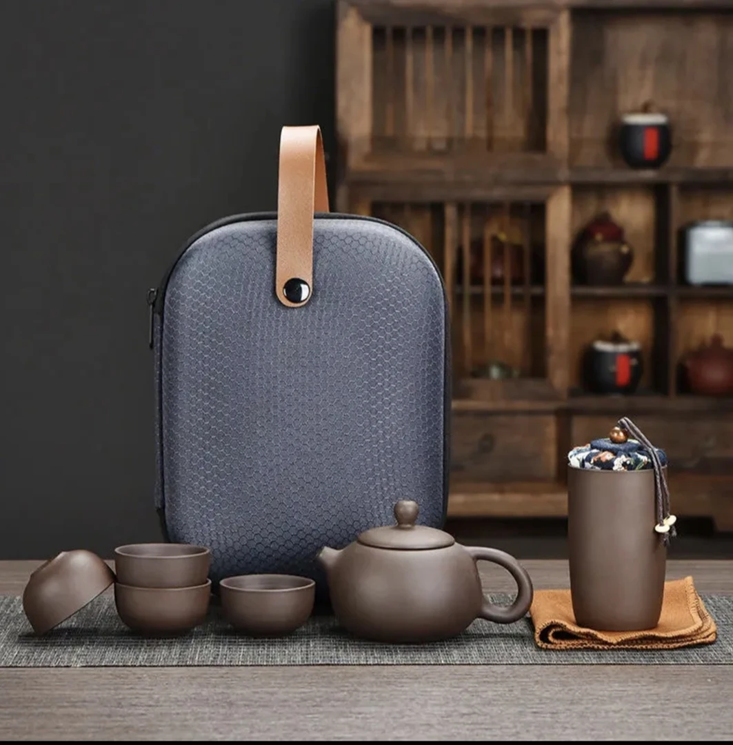 A-20(带包)黑泥紫砂一壶四杯带茶叶罐旅行茶具