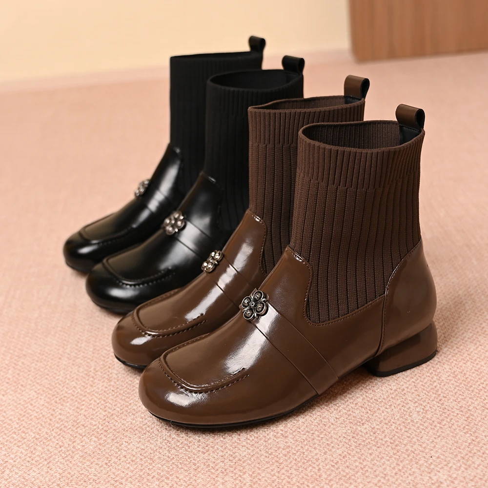 小短靴圆头马丁靴低跟新款瘦瘦靴针织弹力袜靴新款粗跟皮鞋瘦瘦靴