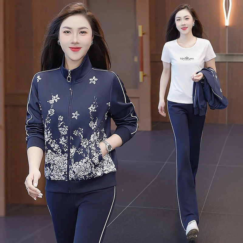 中老年人休闲运动套装女春秋新款妈妈装印花套装长袖阔腿裤三件套