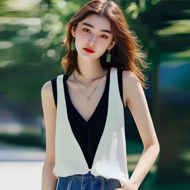 辣妹穿搭宽松撞色假两件无袖上衣女夏装新款洋气小众气质吊带背心