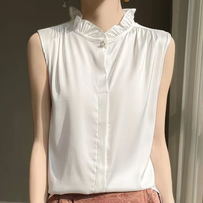 法式无袖木耳领打底2025春夏季新款内搭缎面衬衫上衣背心