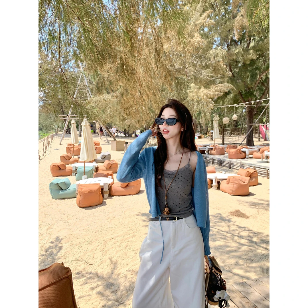 韩系穿搭灰色蕾丝花边针织开衫吊带上衣百搭显瘦休闲长裤女套装