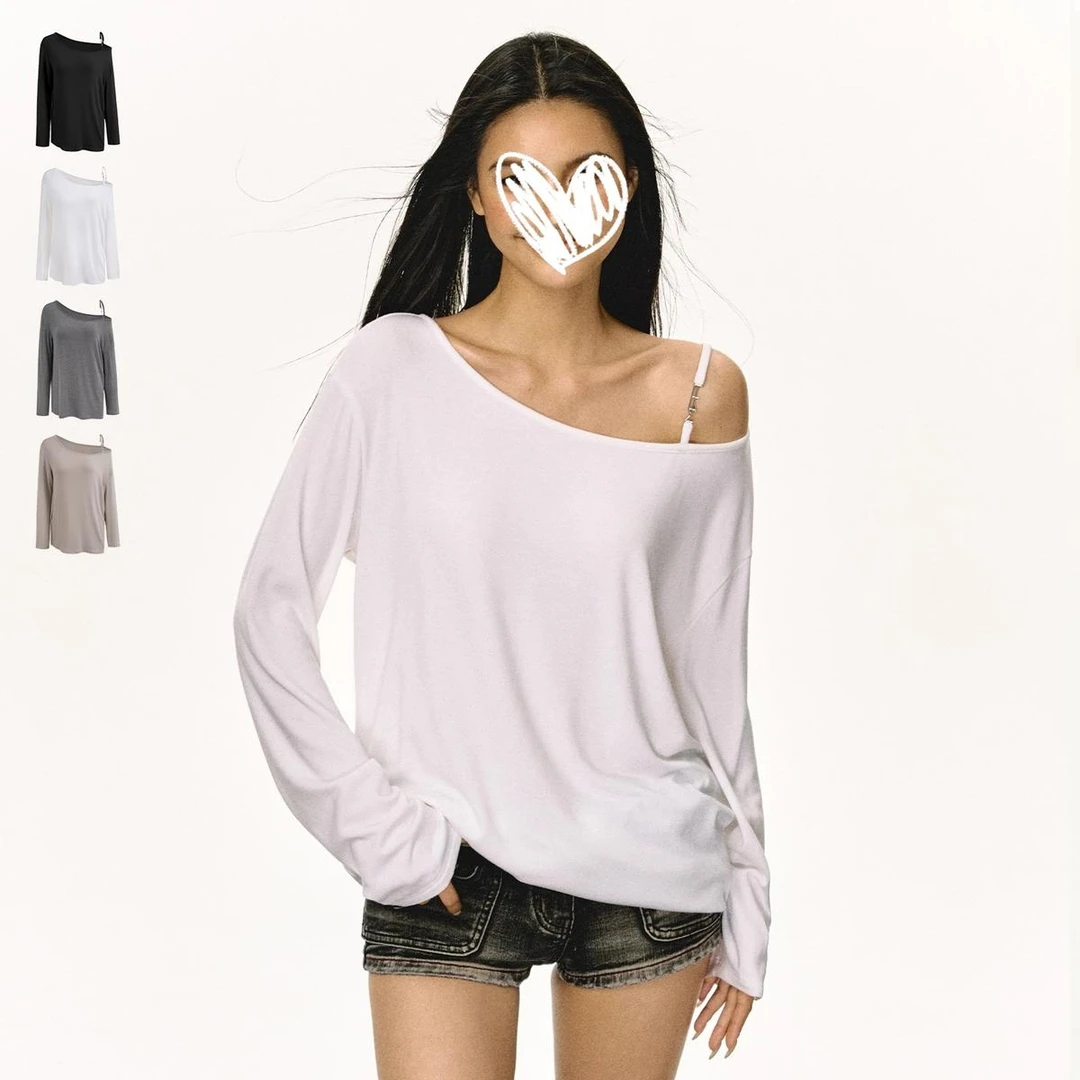 HEYUAN 美式设计感斜肩长袖T恤女春季新款辣妹修身内搭露肩上衣