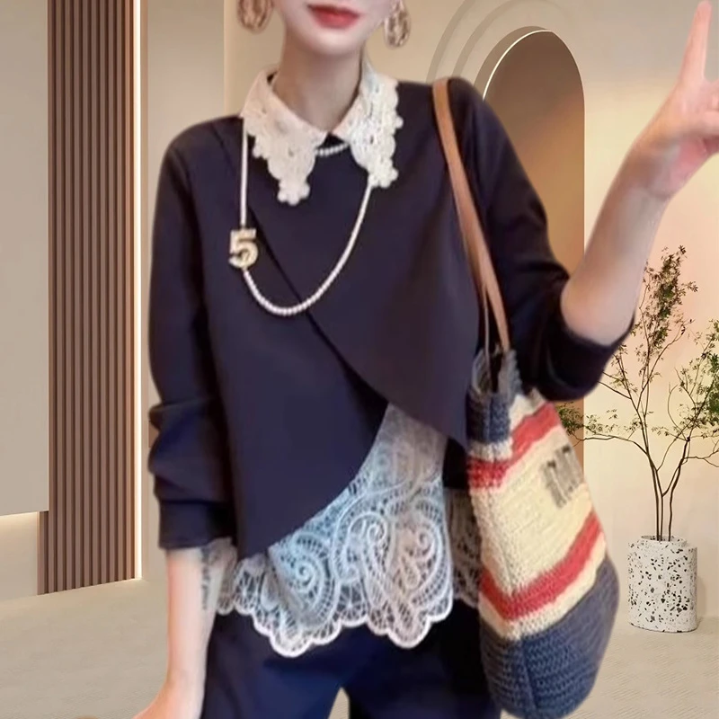 时尚洋气气质显瘦上衣春秋新款设计感小众高级感显瘦蕾丝卫衣女装