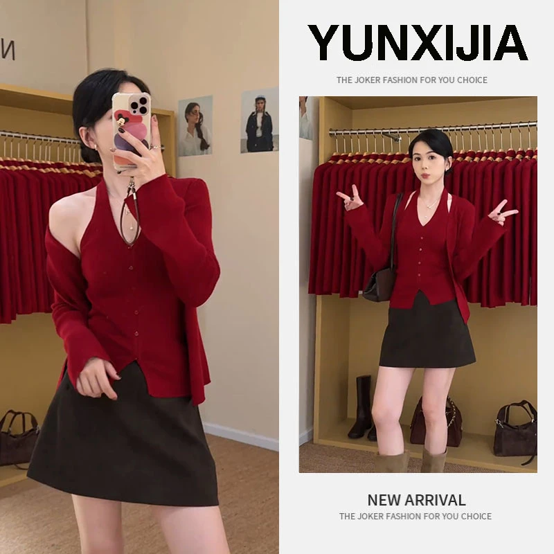 2025超火一整套时尚气质减龄极简风针织吊带开衫短裙三件套