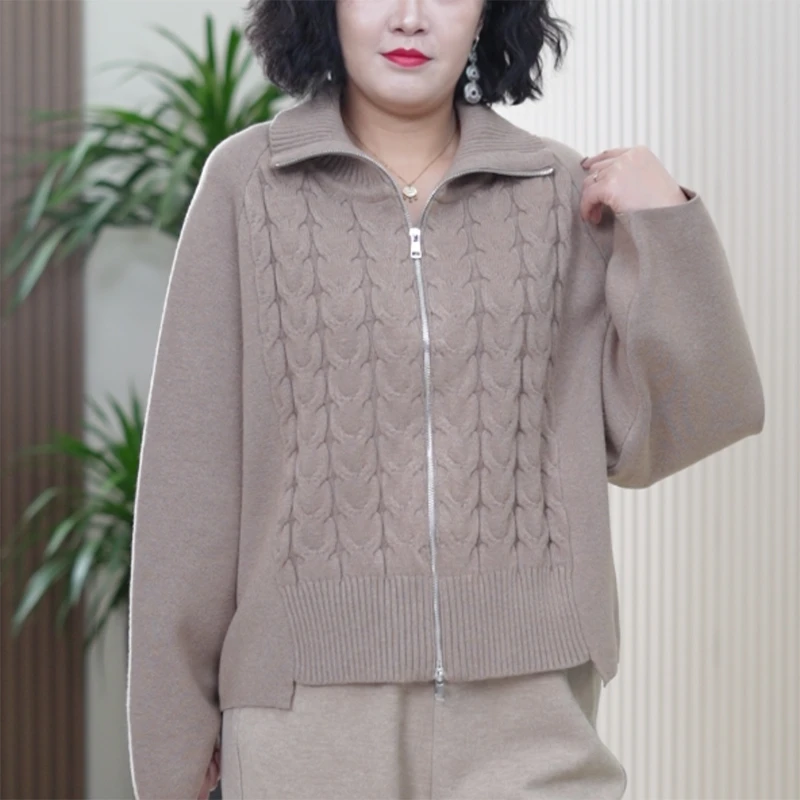 舒芙绒针织外套女大码百搭灯笼袖百搭亲肤不扎人显瘦春季麻花毛衣