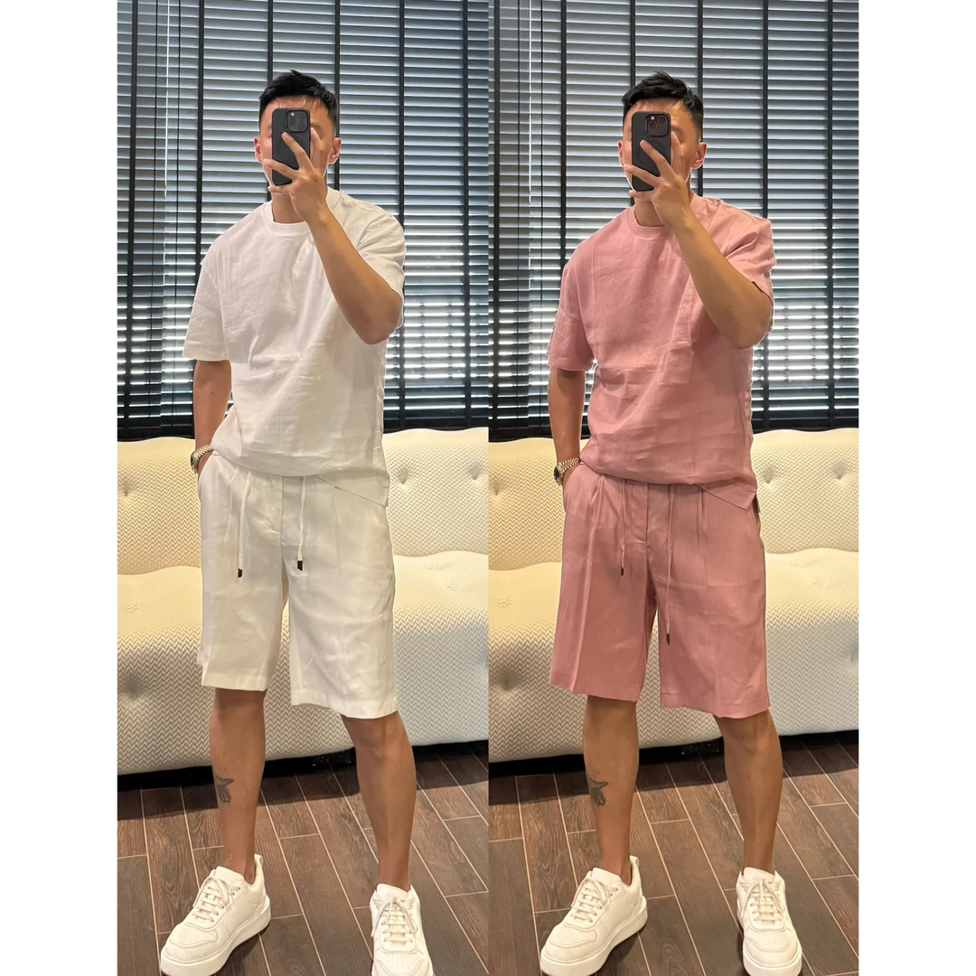 【亚麻混纺透气纯色短裤套装】25夏季新款时尚舒适慵懒老钱休闲套装