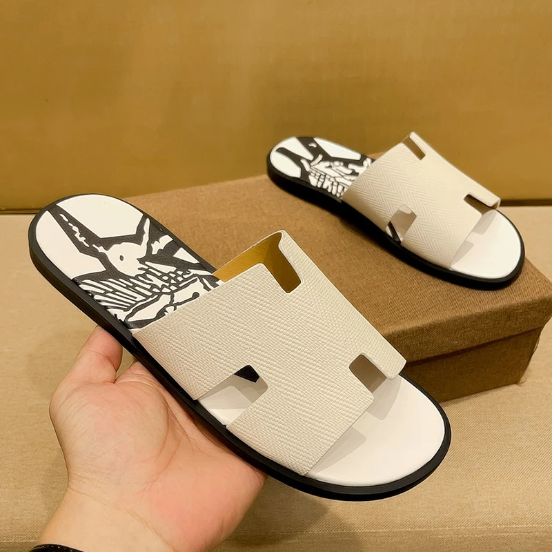 SCAVIOLA男士夏季网红沙滩鞋透气平跟涂鸦印花白色外穿一字拖鞋潮