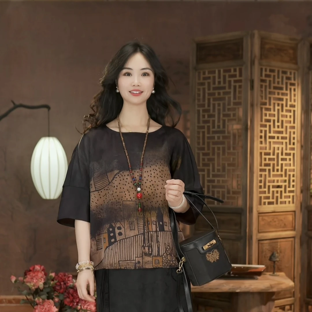 【东方婵韵】新中式时尚气质宽松民族风香云纱五分袖上衣DFCY352061