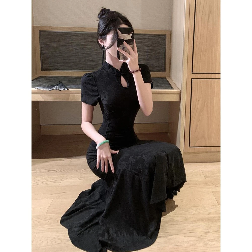 A285 新中式国风日常改良旗袍黑色连衣裙女夏季气质收腰鱼尾长裙