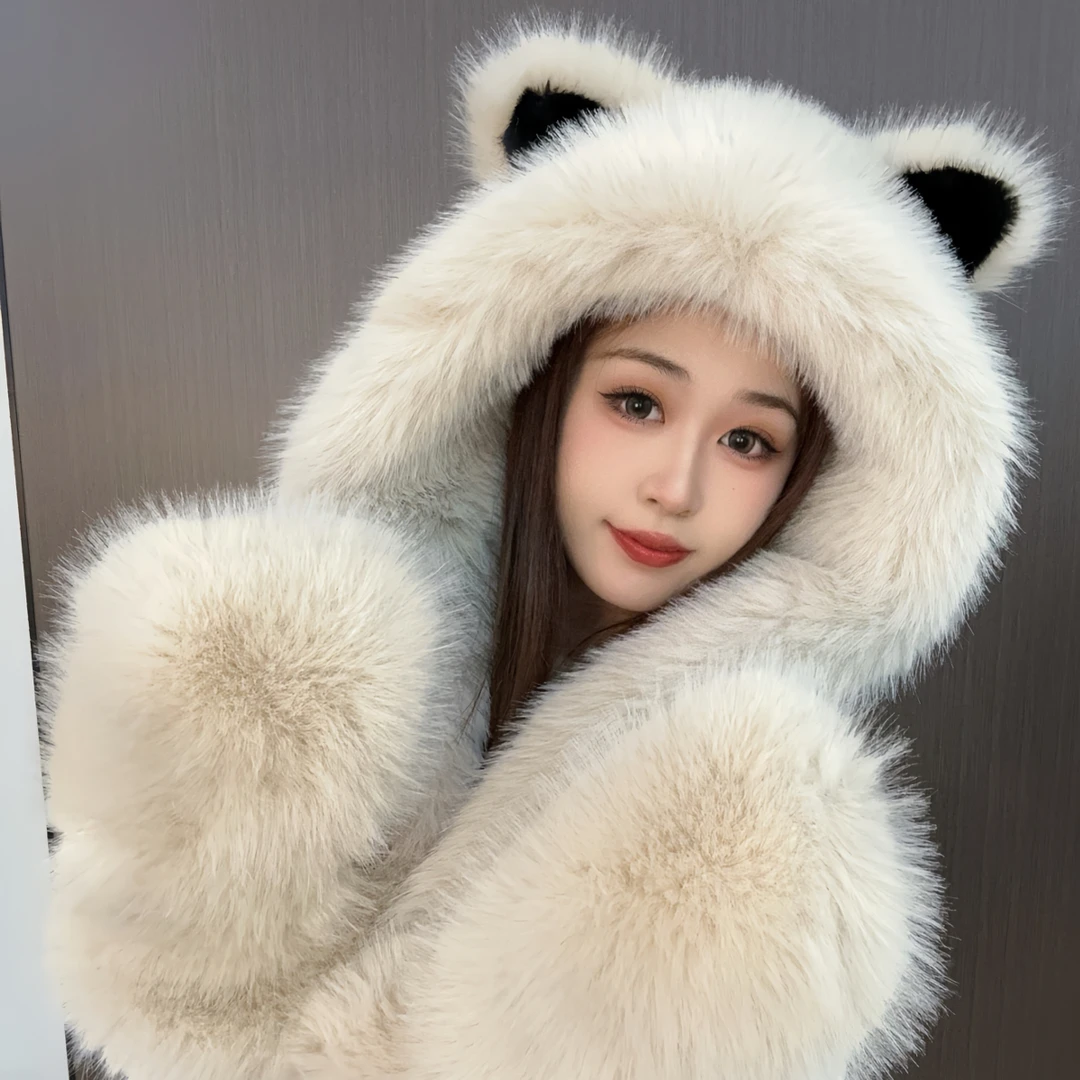 冬季加厚毛绒狐狸耳朵帽子围巾手套一体保暖韩系显脸小护颈防寒