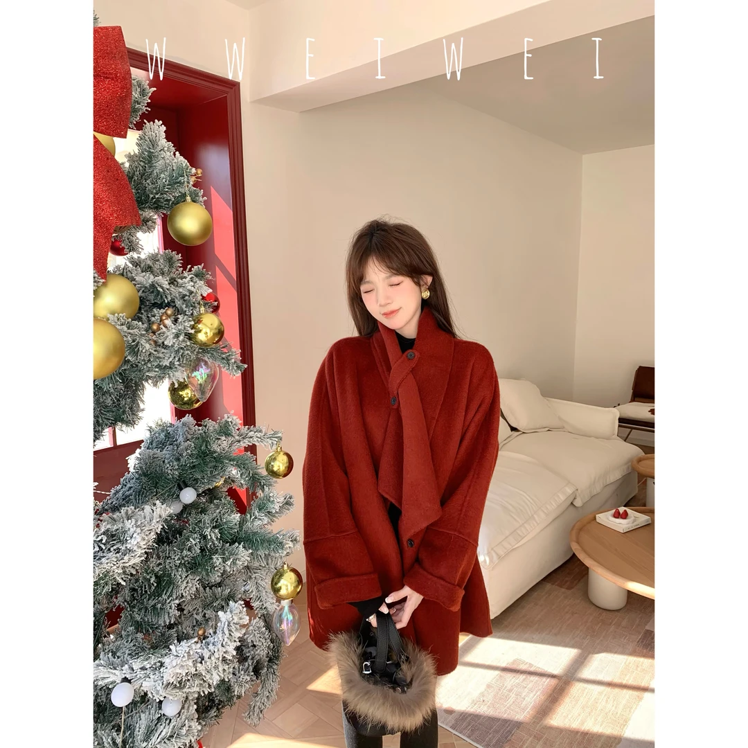 王玮玮【圣诞来临】冬季新款时尚宽松百搭红色中长款羊毛双面呢大衣