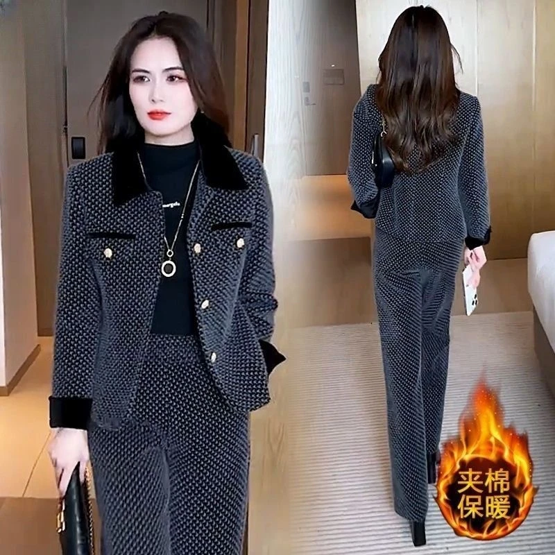 气质显瘦夹棉小香风时尚套装女2025冬季新款加厚外套阔腿裤两件套