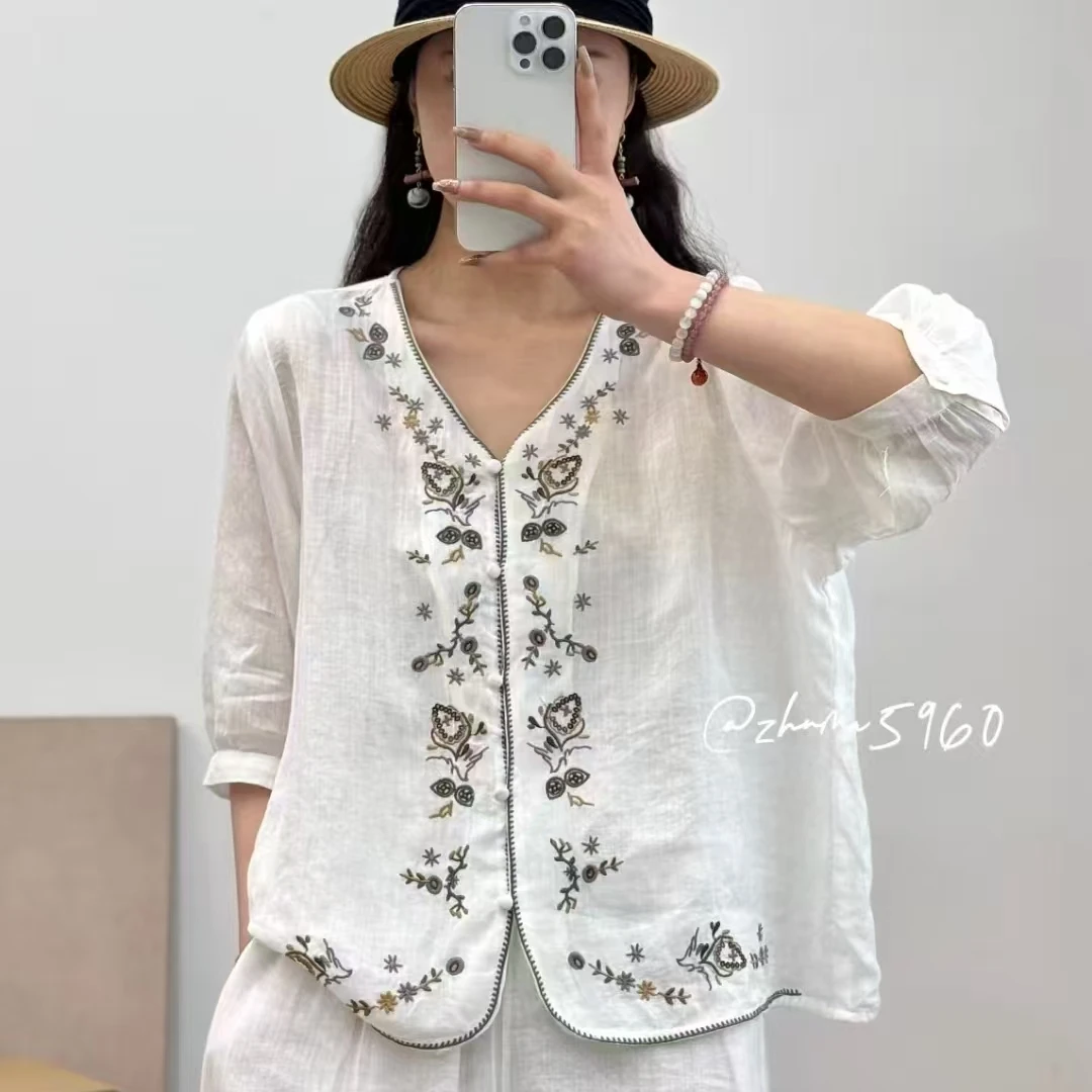V领显瘦宽松百搭薄款苎麻衬衣女夏季新款文艺刺绣衬衫潮E33